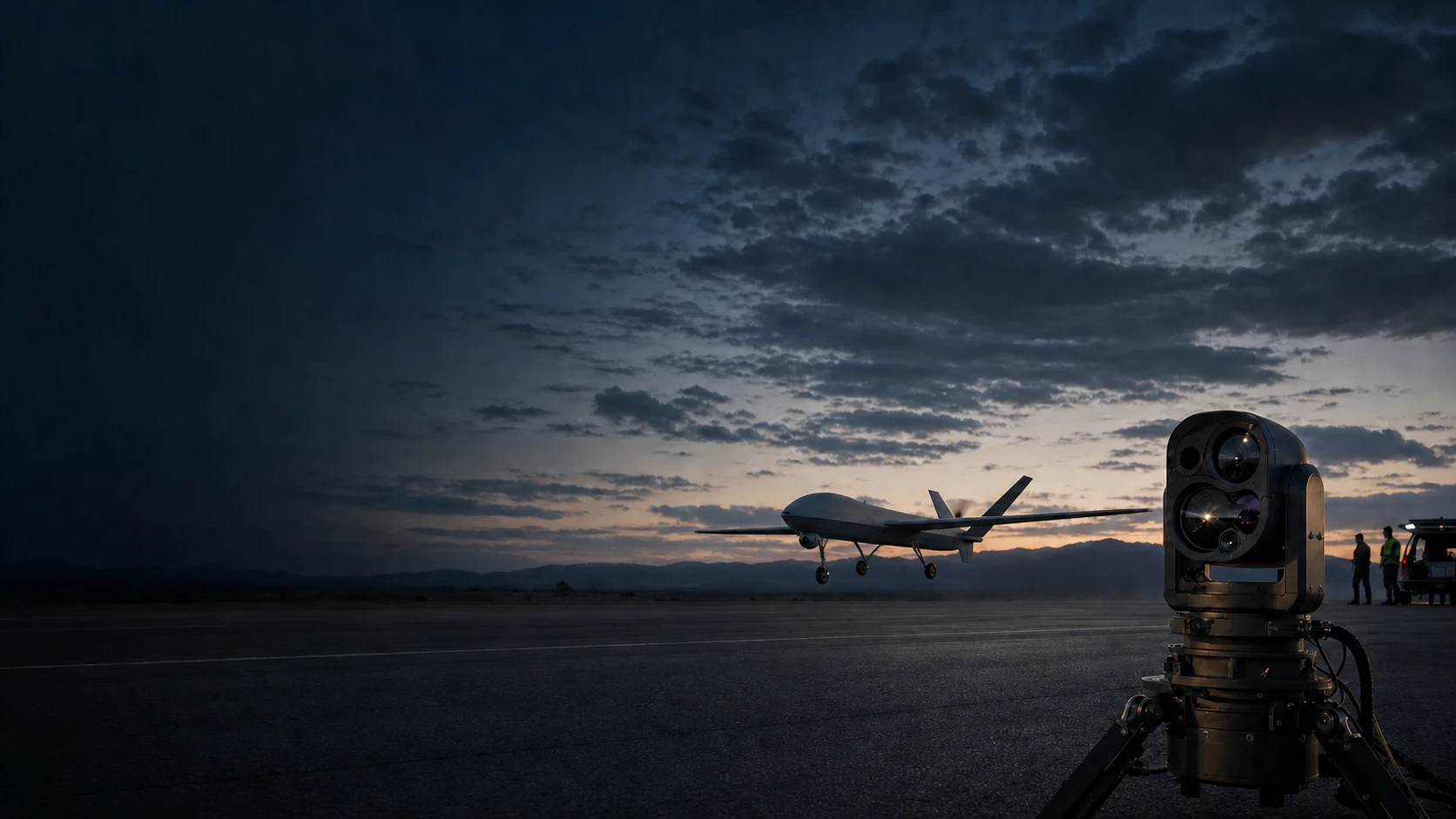 Airborne sensing platform and optical sensor unit at dusk.