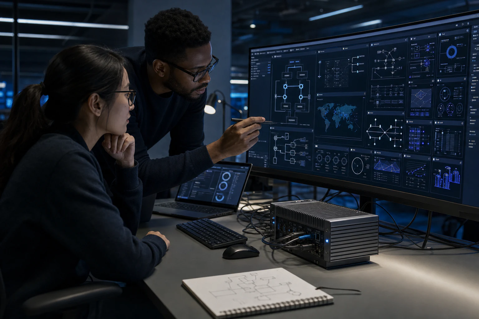Software engineering workstations displaying application architecture and code.